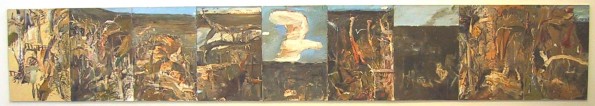 Shoalhaven Ridge 2001, oil on canvas, 9 panels. Artbank Collection, currently leased to a client in ACT.